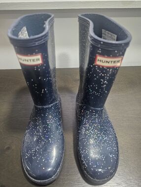 Hunter Navy Glitter Mid-Calf Rain Boots Girls Size 13
